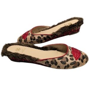 Rara Avis Leopard Print Rhinestone Faux Fur Mule Shoes by Iris Apfel Size 9M